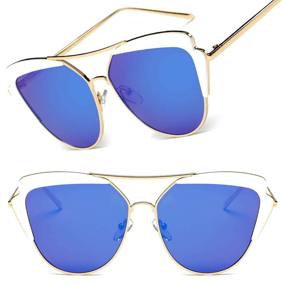 Luxury Classy Exotic Women's Brow Bar Blue Mirrored Lens Cat Eye Sunglasses